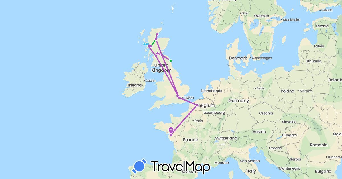 TravelMap itinerary: driving, bus, train, boat in France, United Kingdom (Europe)